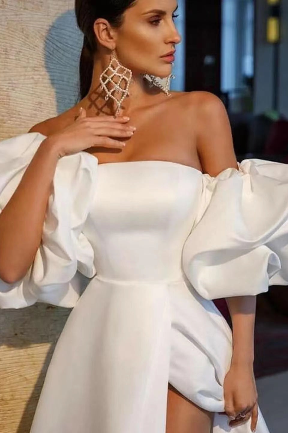 White Off-The-Shoulder Bubble Sleeves Evening Dress With Slit-BallBride