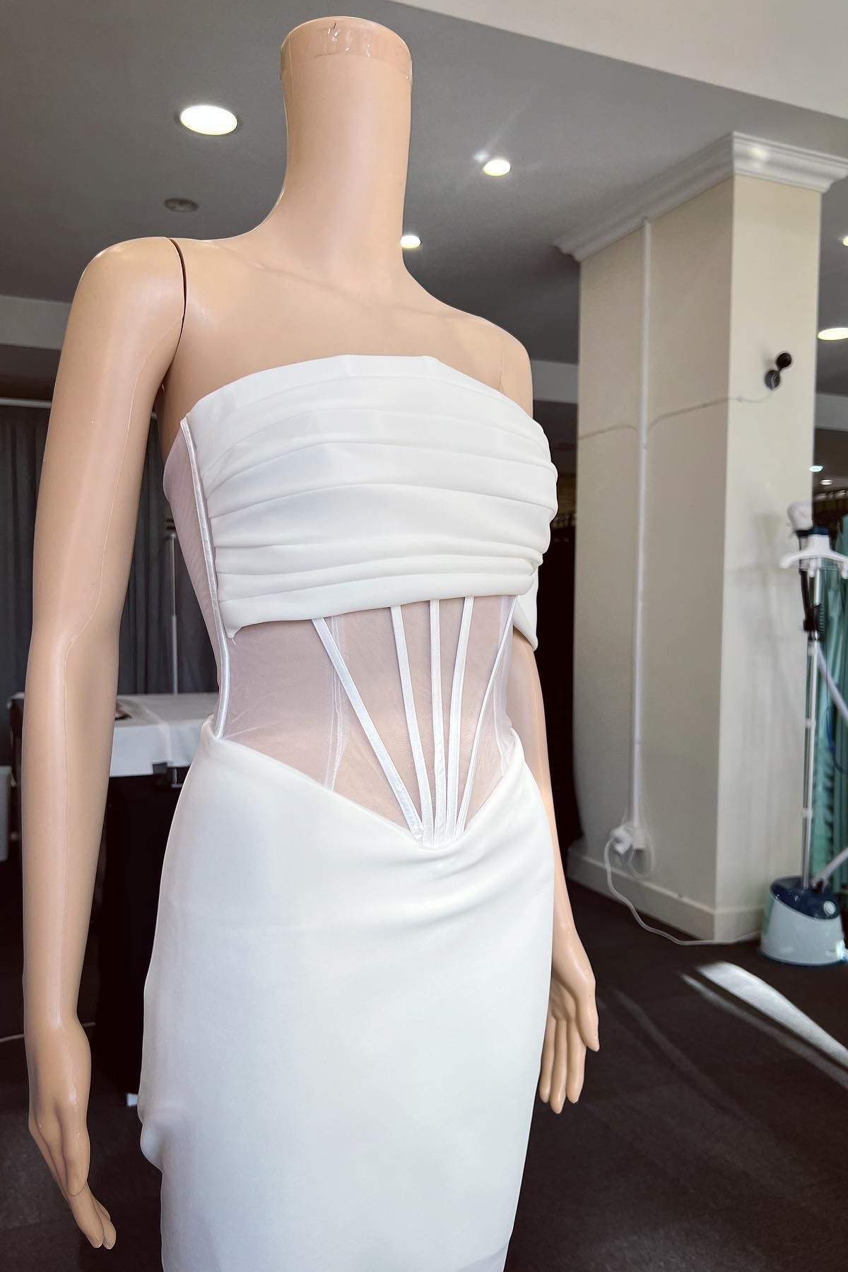 White Off-The-Shoulder Strapless Mermaid Prom Dress With Pleated Detail-BallBride