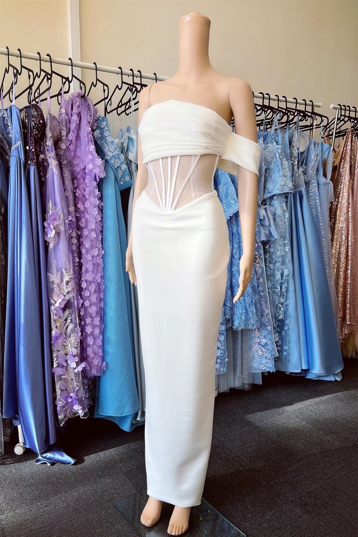 White Off-The-Shoulder Strapless Mermaid Prom Dress With Pleated Detail-BallBride