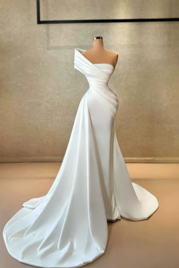 White One Shoulder Strapless Satin Draped Mermaid Floor Length Prom Dress-BallBride