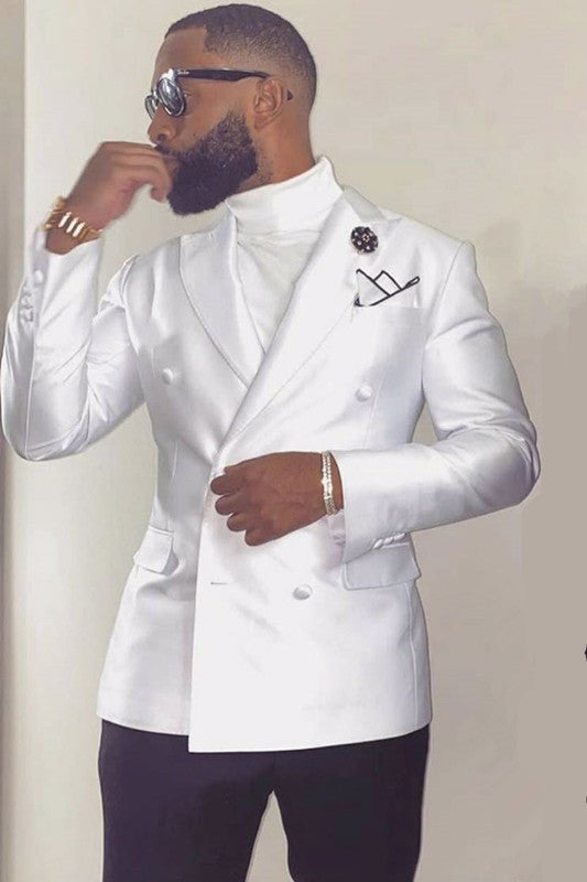 White Peaked Lapel Double Breasted Groom Suit - Addison Online-BallBride