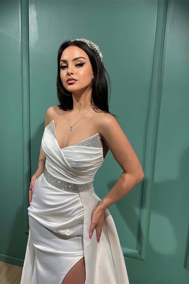 White Split Mermaid Evening Dress With Sequins and Spaghetti-Straps V-Neck-BallBride