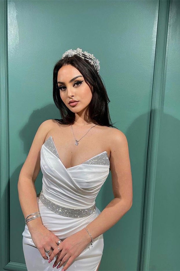 White Split Mermaid Evening Dress With Sequins and Spaghetti-Straps V-Neck-BallBride
