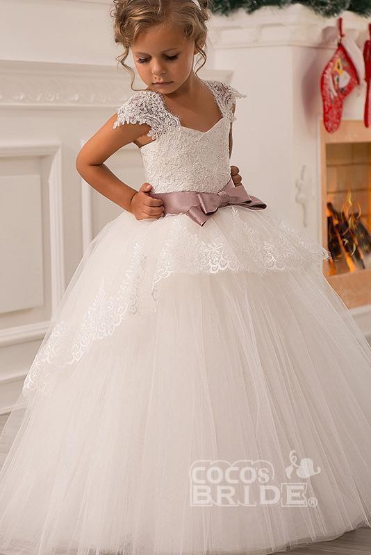 White Square Neck Lace Flower Girls Dress with Cap Sleeves Ball Gown-BallBride