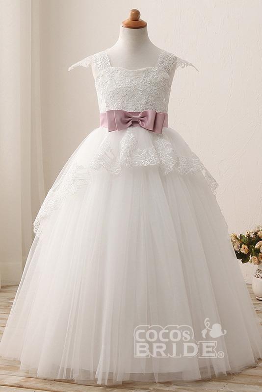 White Square Neck Lace Flower Girls Dress with Cap Sleeves Ball Gown-BallBride