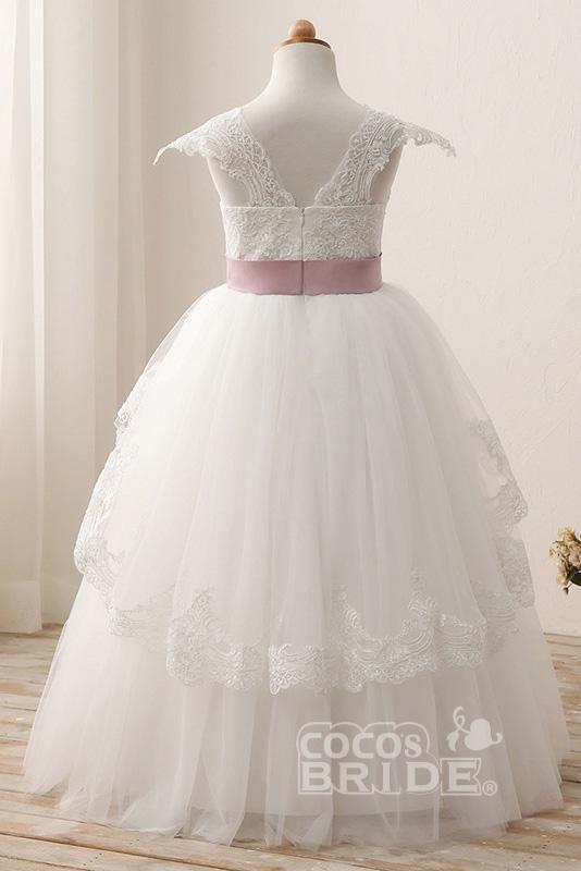White Square Neck Lace Flower Girls Dress with Cap Sleeves Ball Gown-BallBride