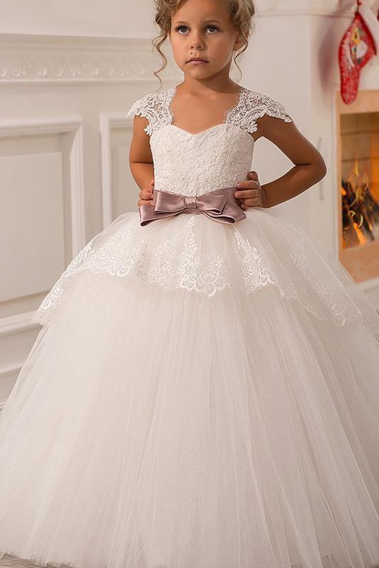 White Square Neck Lace Flower Girls Dress with Cap Sleeves Ball Gown-BallBride