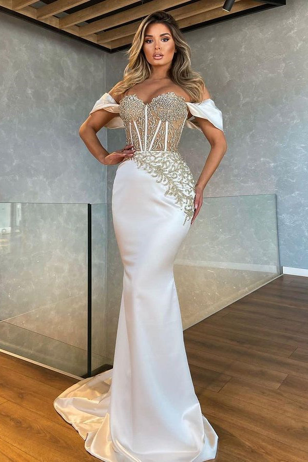 White Sweetheart Mermaid Evening Dress with Appliques-BallBride