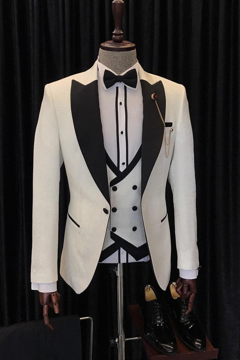 White Three Pieces Wedding Men Suits with Black Peaked Lapel by Antony Fashion-BallBride