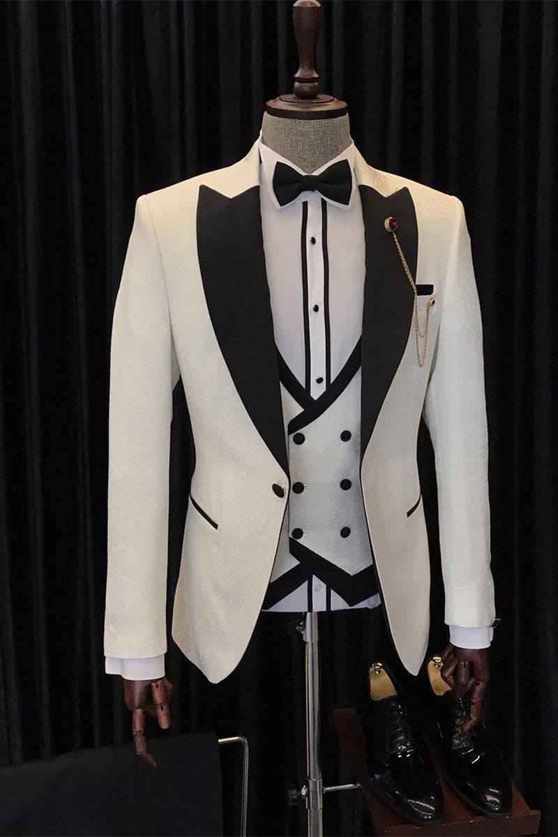 White Three Pieces Wedding Men Suits with Black Peaked Lapel by Antony Fashion-BallBride