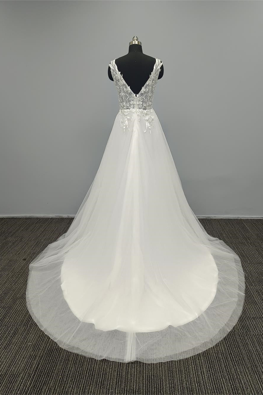 White V Neck A Line Wedding Dress with Tulle Appliques and Open Back-BallBride