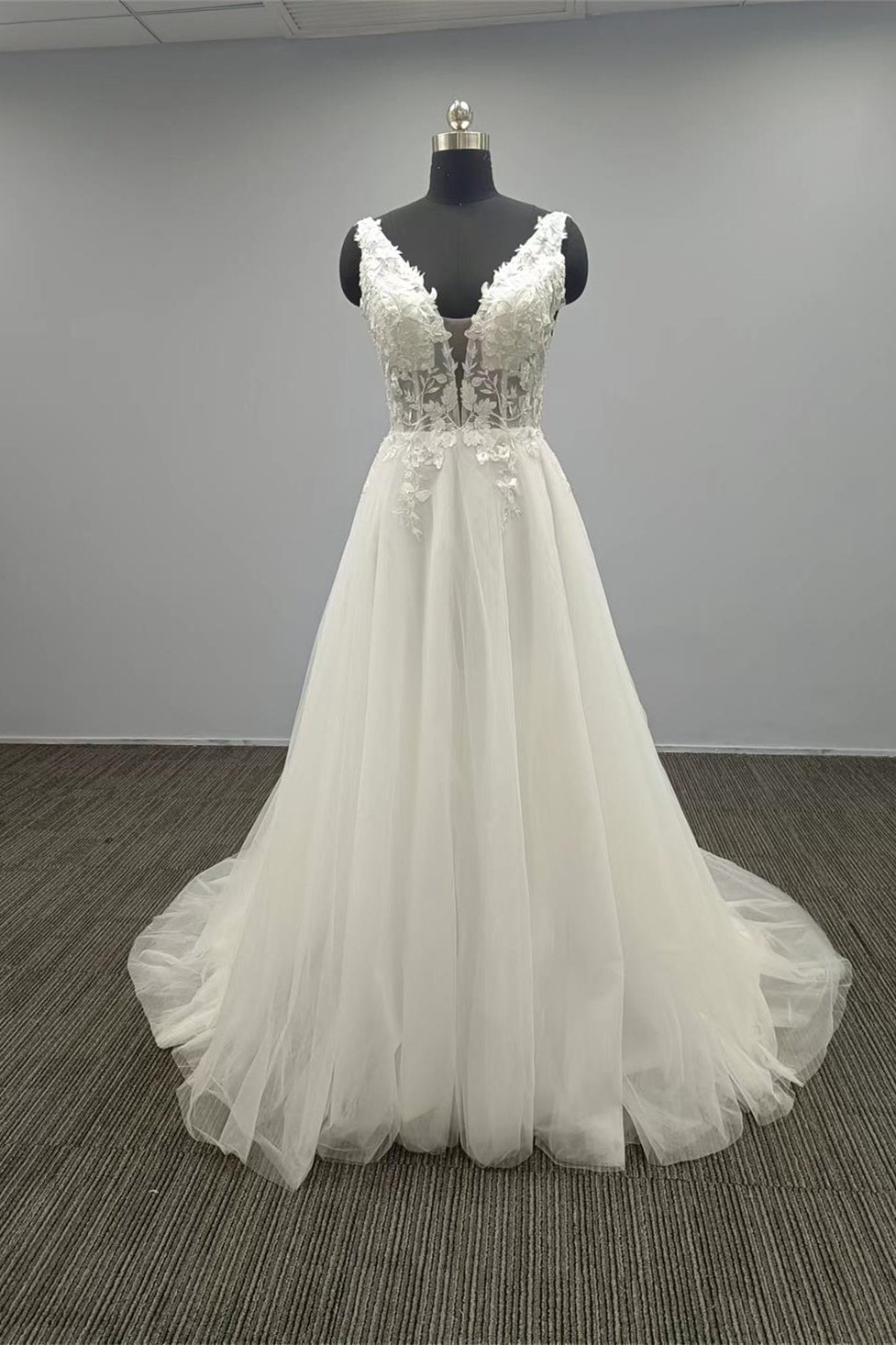 White V Neck A Line Wedding Dress with Tulle Appliques and Open Back-BallBride