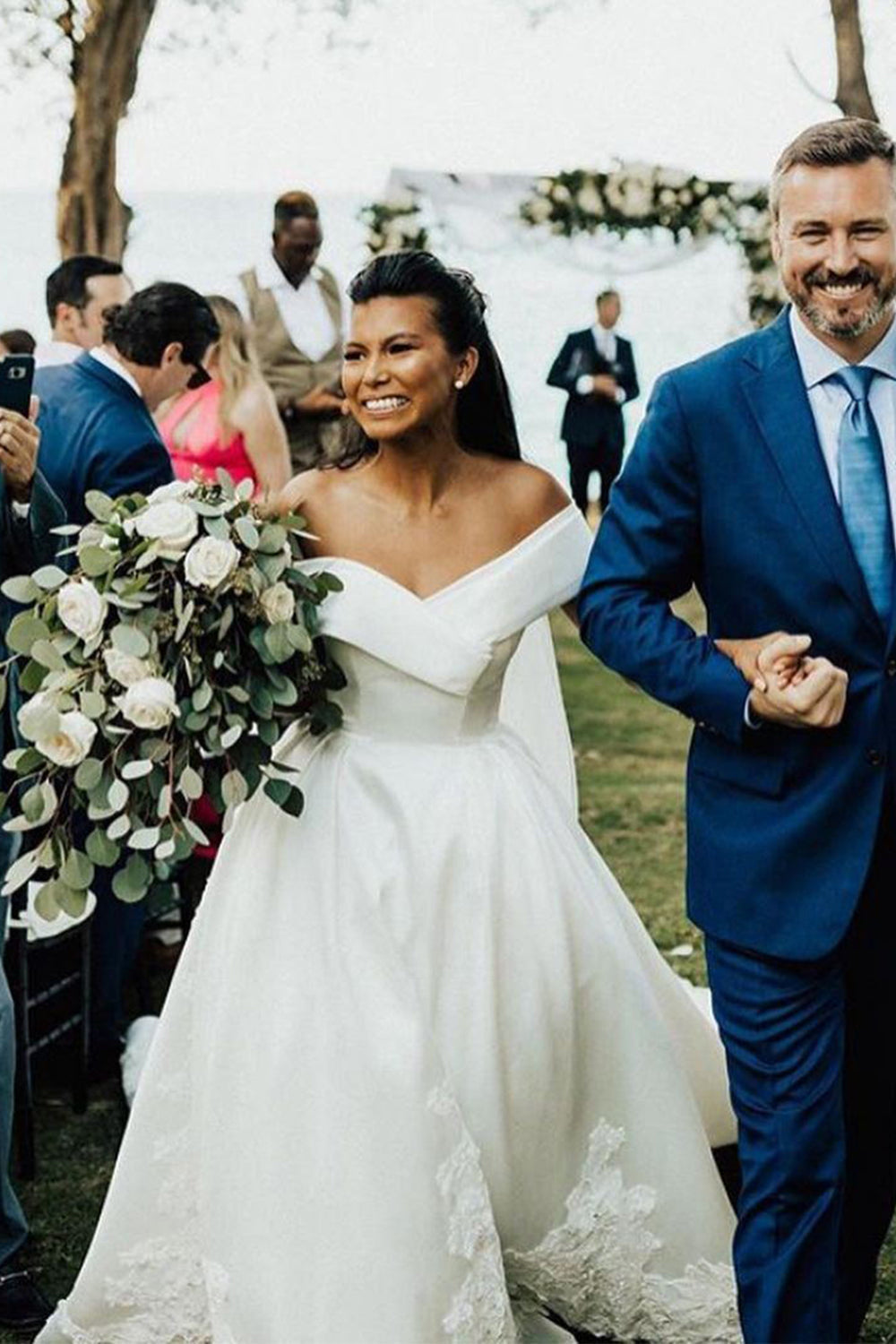 White V-Neck Off The Shoulder Ball Gown Wedding Dress with Lace-BallBride