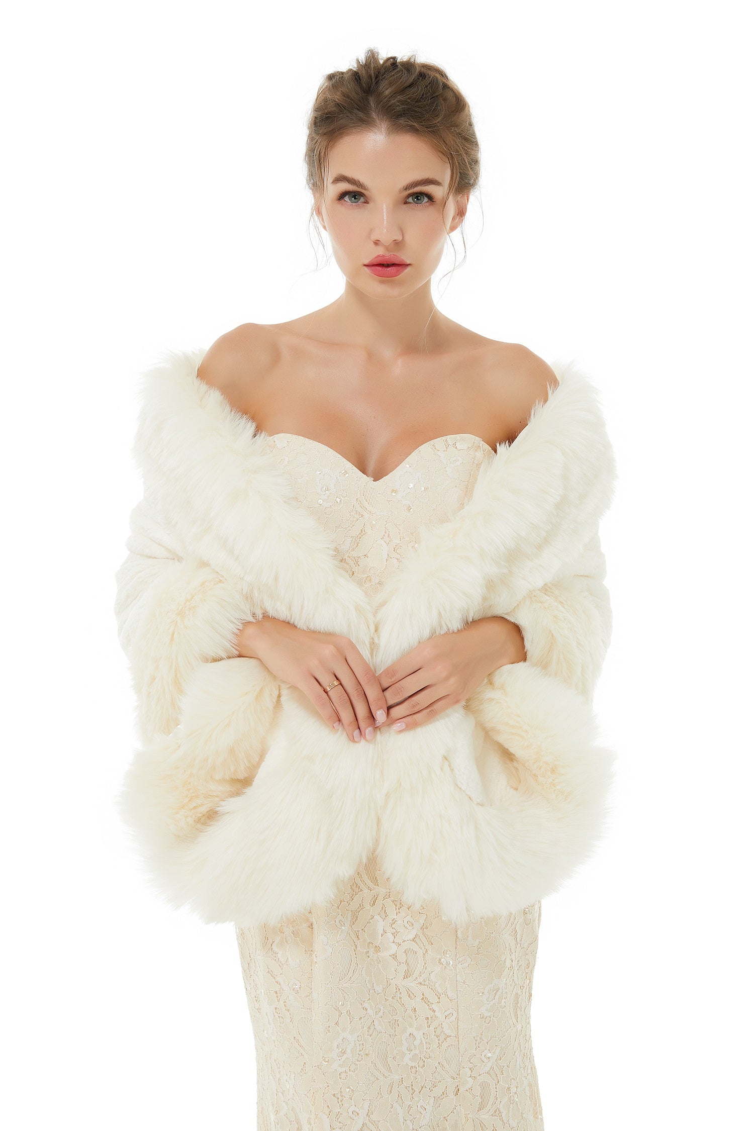 White Winter Faux Fur Wedding Wrap for Brides-BallBride