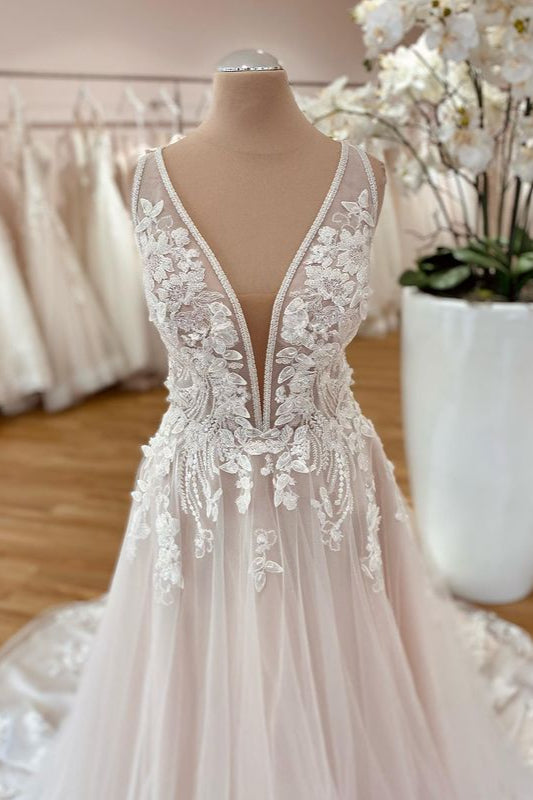 Wide Straps A-Line Tulle Floor-length Wedding Dress with Floral Lace-BallBride