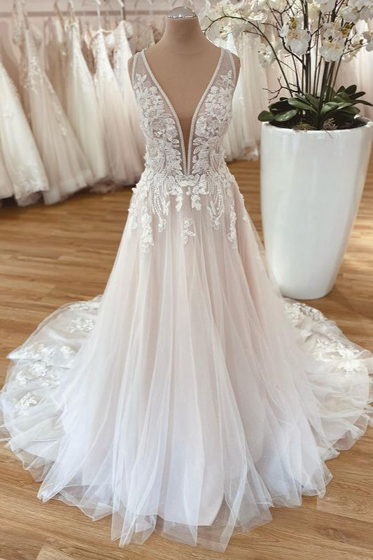 Wide Straps A-Line Tulle Floor-length Wedding Dress with Floral Lace-BallBride