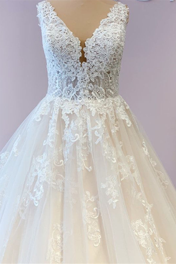 Wide Straps Tulle Wedding Dress With Appliques Lace for A-Line Floor-length Look-BallBride
