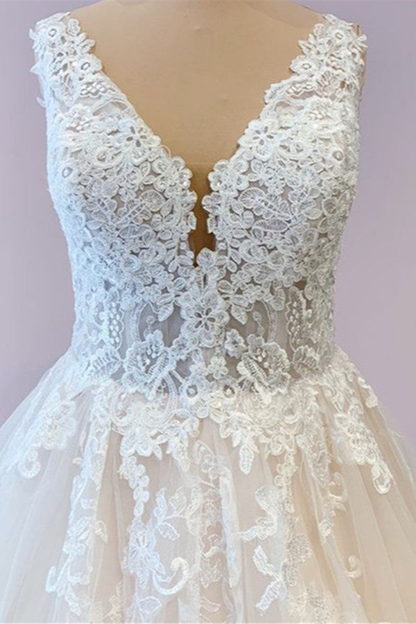 Wide Straps Tulle Wedding Dress With Appliques Lace for A-Line Floor-length Look-BallBride