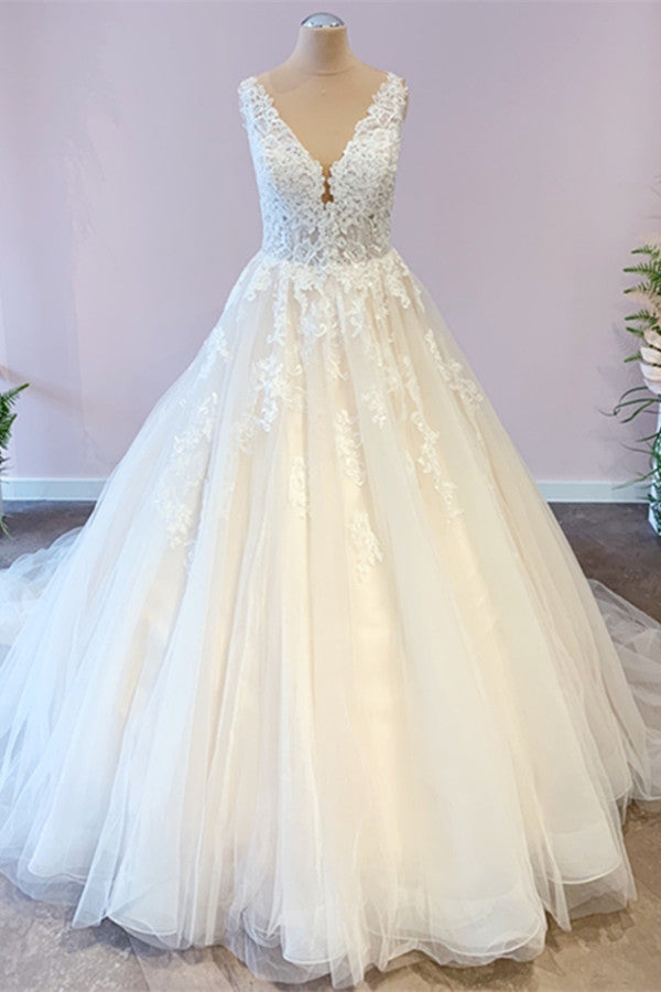 Wide Straps Tulle Wedding Dress With Appliques Lace for A-Line Floor-length Look-BallBride