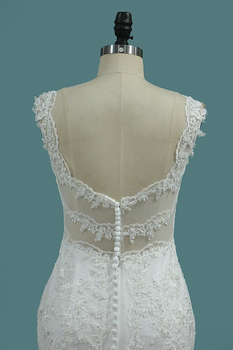 Wide Straps V-neck Mermaid Wedding Dress With Appliques Lace-BallBride