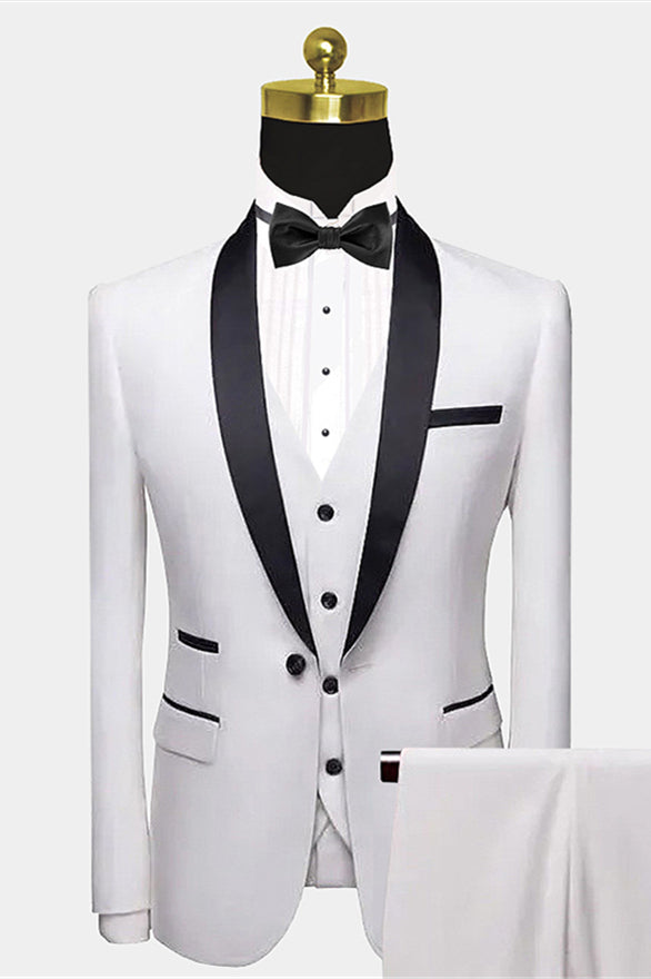 Will's Classic White Wedding Tuxedo with Black Satin Shawl Lapel and Pocket Edge-BallBride