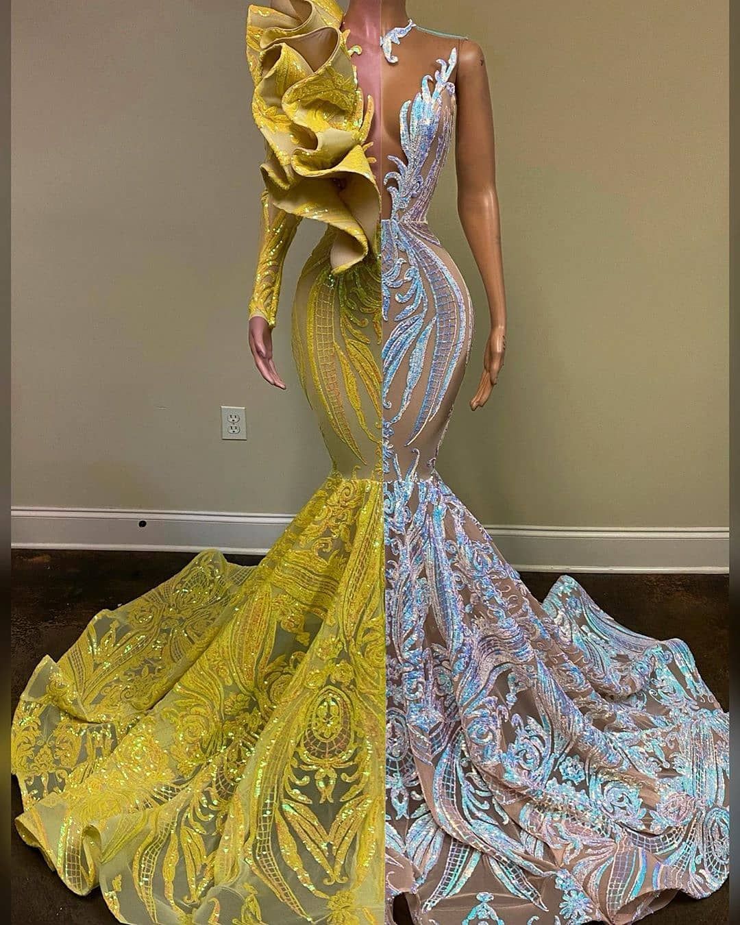 Yellow and Silver Long Sleeves Mermaid Lace Jewel Prom Dress-BallBride