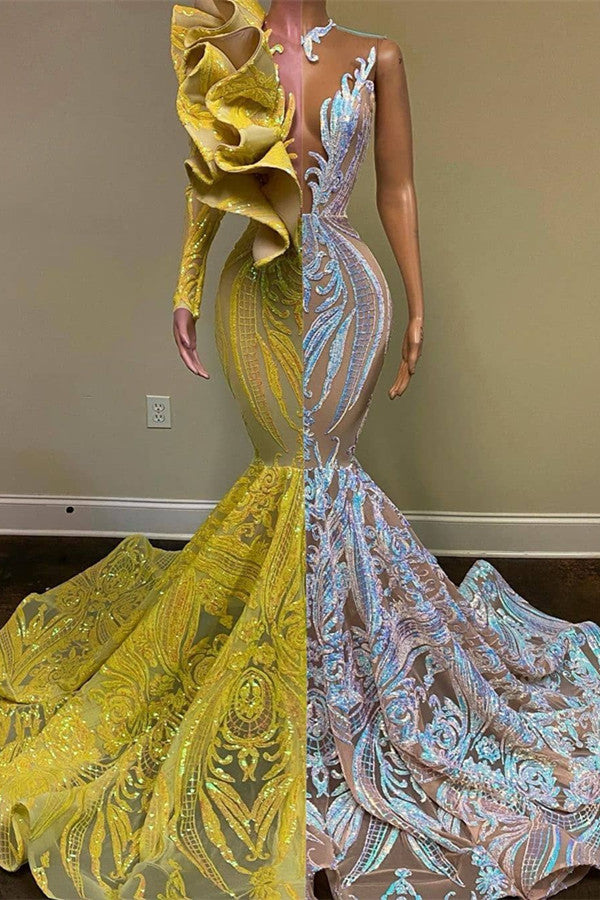 Yellow and Silver Long Sleeves Mermaid Lace Jewel Prom Dress-BallBride