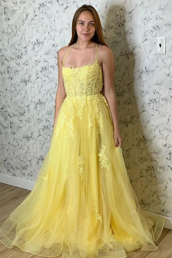 Yellow Long Evening Dress with Spaghetti-Straps Lace Appliques-BallBride