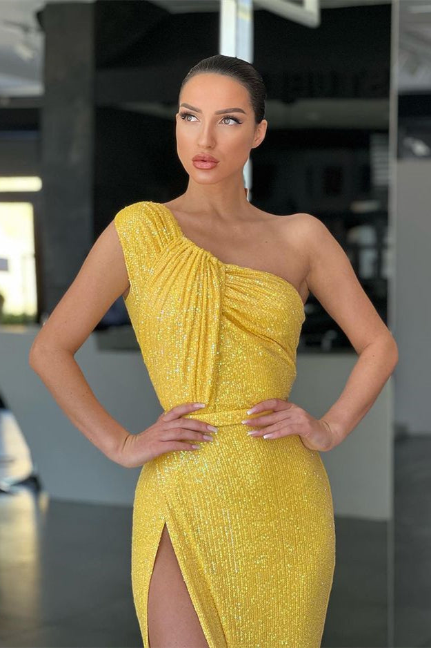 Yellow Mermaid Evening Dress With Sequins and Split-BallBride