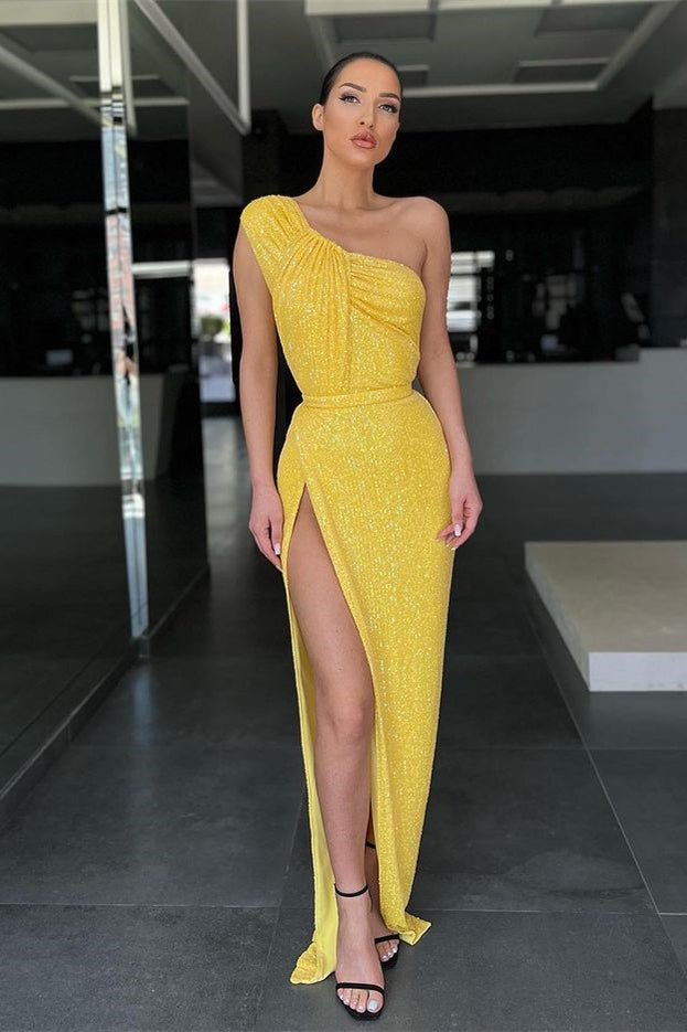 Yellow Mermaid Evening Dress With Sequins and Split-BallBride