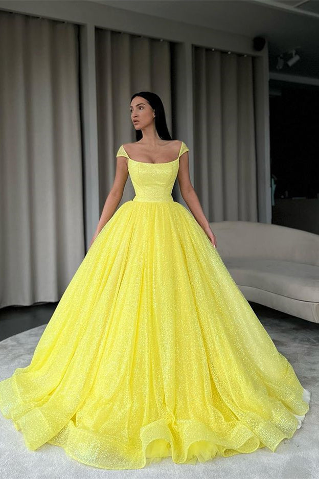 Yellow Sequins Ball Gown Off-The-Shoulder Evening Dress-BallBride