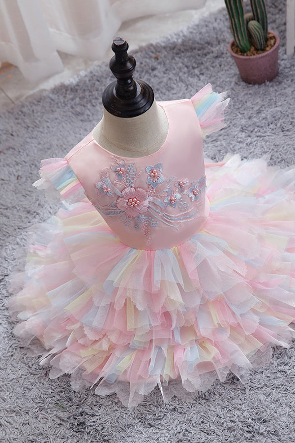 Yellow Tulle Ruffles Flower Girl Dress for Weddings with Appliques-BallBride