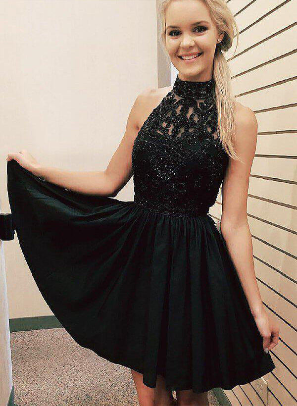 A-Line/Princess High Neck Chiffon Short/Mini Homecoming Dresses With Beading