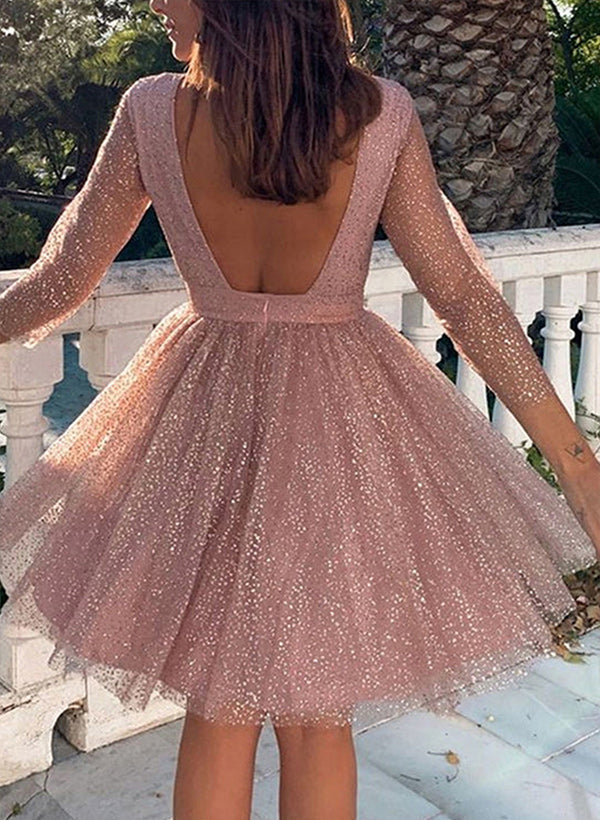 A-line Scoop Neck Long Sleeves Short/Mini Tull Homecoming Dress With Pleated