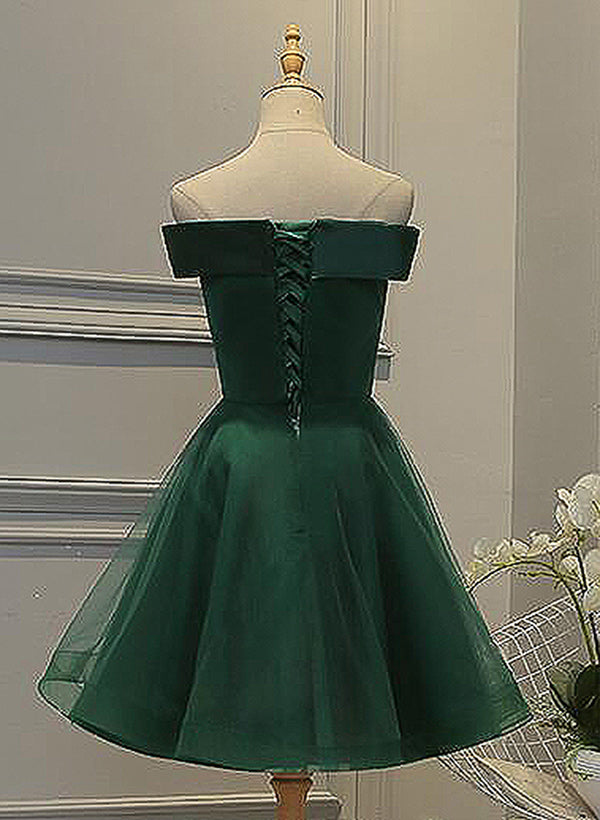 A-line Off-the-Shoulder  short sleeves Tulle Satin Short/Mini Homecoming Dress With Appliques Lace Beading