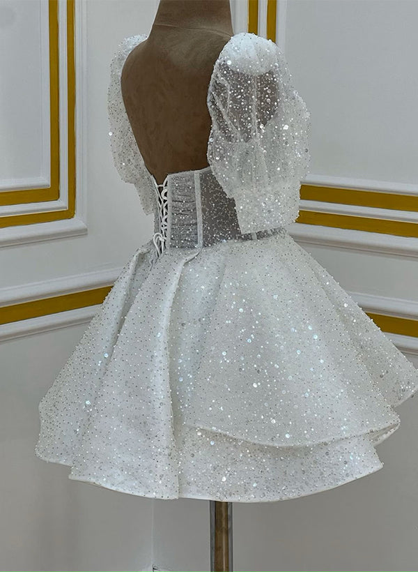 Ball-Gown Sweetheart Short Sleeves Sequined(Non-Stretch) Homecoming Dresses