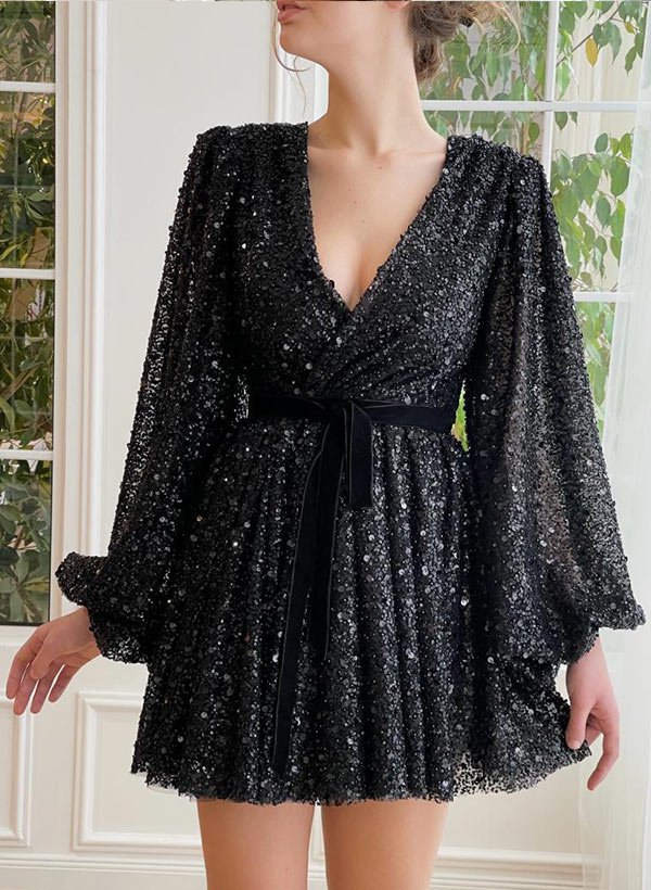 A-Line V-Neck Long Sleeves Short/Mini Sequined Homecoming Dresses