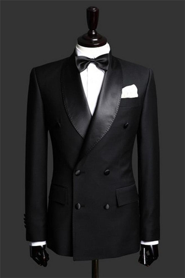 2 Piece Satin Lapel Fancy Black Double Breast Wedding Tailcoat Set-BallBride