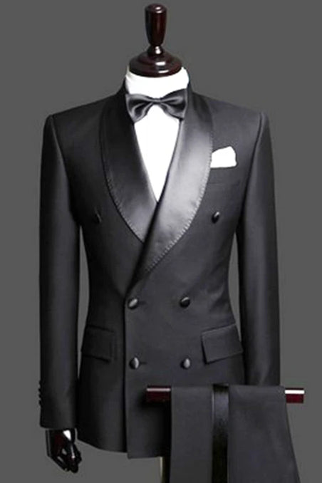 2 Piece Satin Lapel Fancy Black Double Breast Wedding Tailcoat Set-BallBride