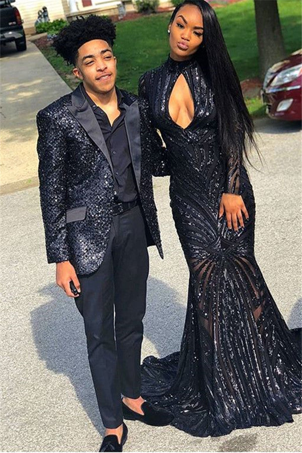 2 Pieces Black Sequins Marriage Blazer Suit with Peak Lapel-BallBride