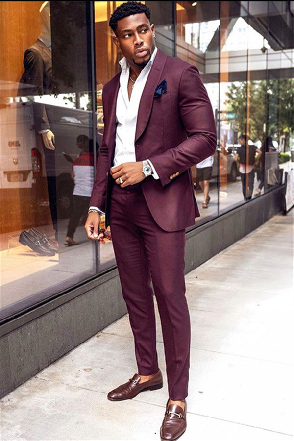 2 Pieces Burgundy Business Prom Suit with Shawl Lapel-BallBride