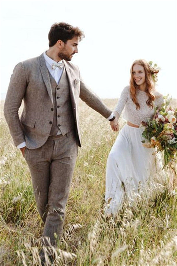 2020 Groom Wedding Tuxedos with 3 Pieces | Khaki Linen Summer Beach Mens Classic Suits-BallBride