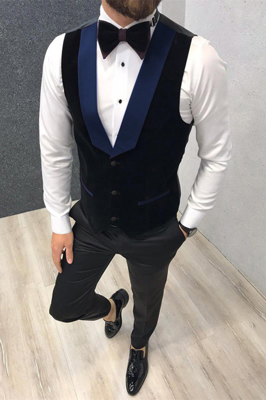 3 Piece Black-and-Blue Peak Lapel Wedding Suit with Waistcoat-BallBride