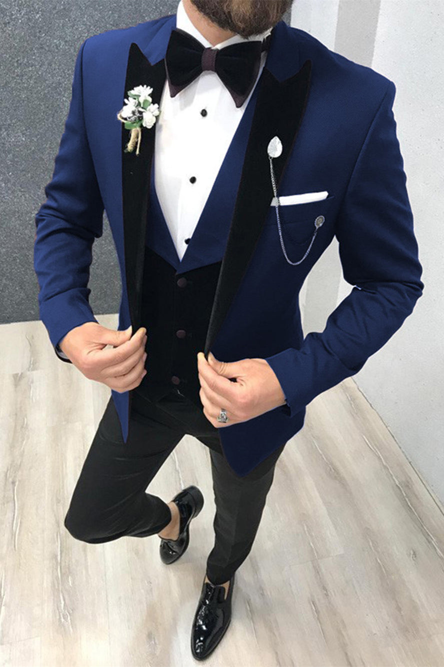 3 Piece Black-and-Blue Peak Lapel Wedding Suit with Waistcoat-BallBride