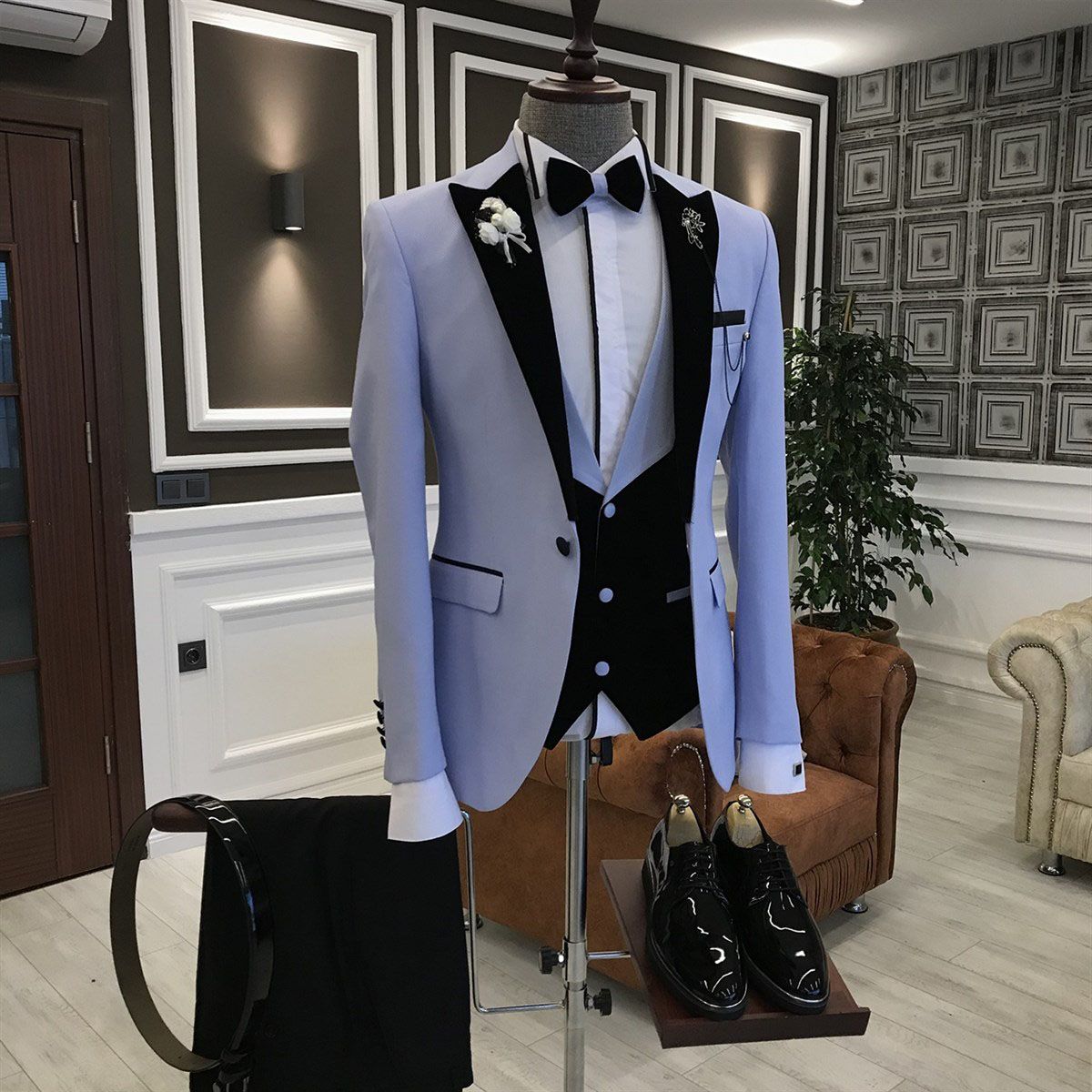 3 Piece Simple Black Peaked Lapel Prince Suit for Guys in Purple-BallBride