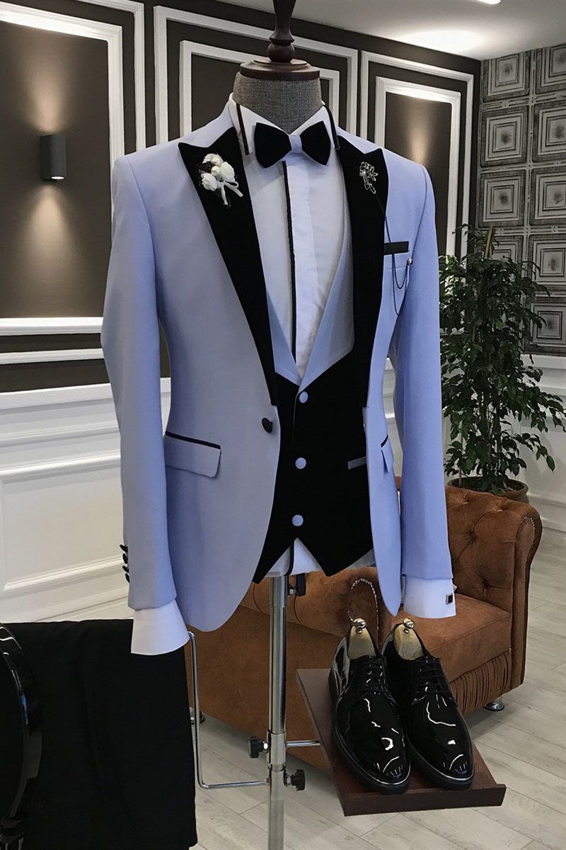 3 Piece Simple Black Peaked Lapel Prince Suit for Guys in Purple-BallBride