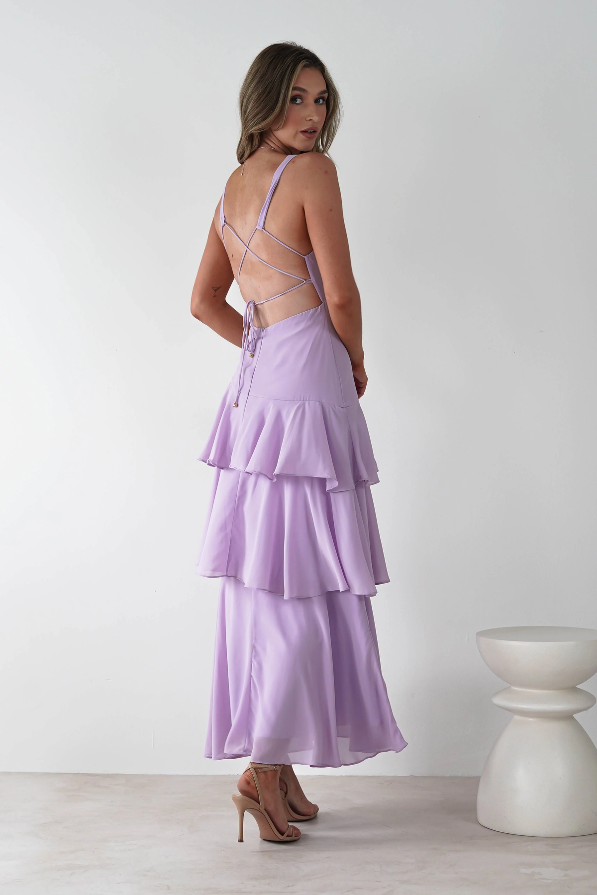 Dazzling Lilac V-Neck Spaghetti-Straps Sleeveless Evening Dresses Backless With Pleats