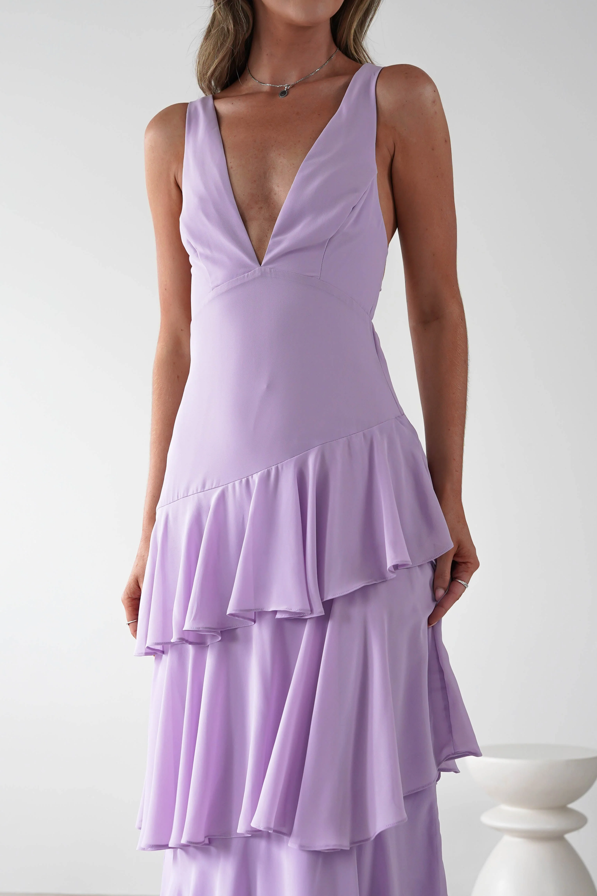 Dazzling Lilac V-Neck Spaghetti-Straps Sleeveless Evening Dresses Backless With Pleats