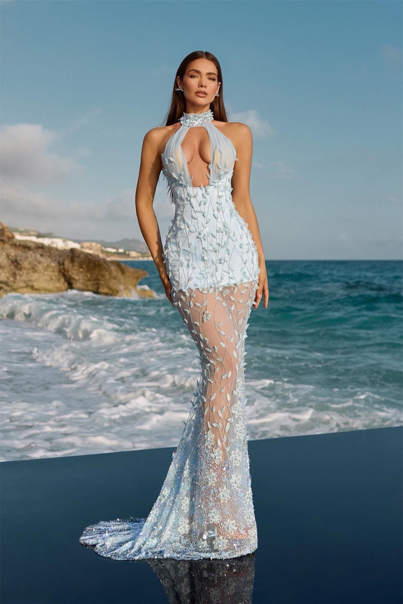 Dazzling Sky Blue Halter Sleeveless Mermaid Evening Dresses Beads Pearl Leaf Decor With Lace-Up Back