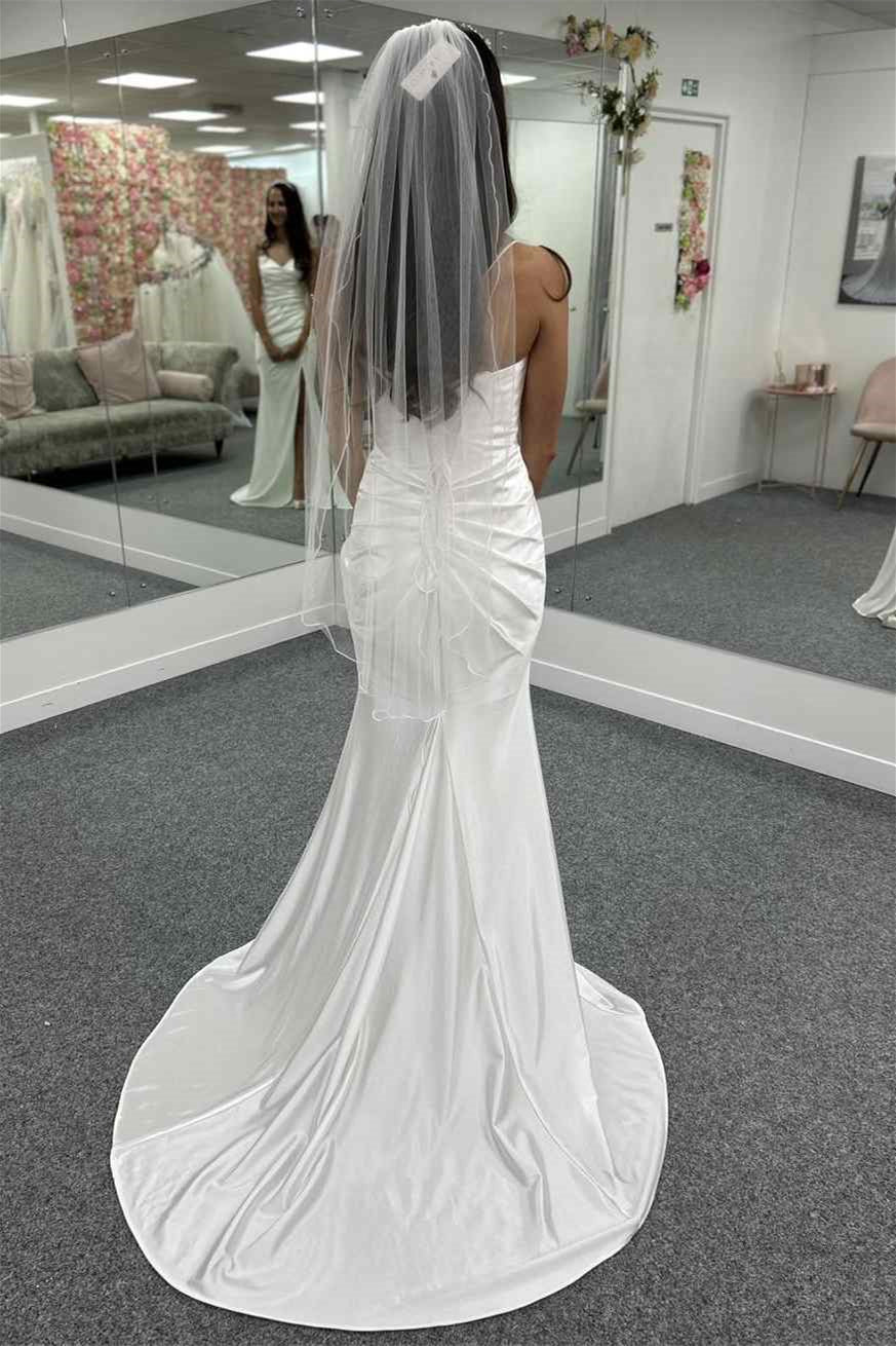 Glamorous Sweetheart Satin Mermaid Sleeveless Wedding Dresses Spaghetti-Straps Side Slit With Pleats